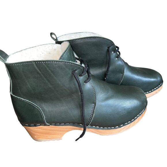 Troentorp Morris Shearling Clog Boots Green Leather Size 40 EUC Made in Sweden - Picture 1 of 9